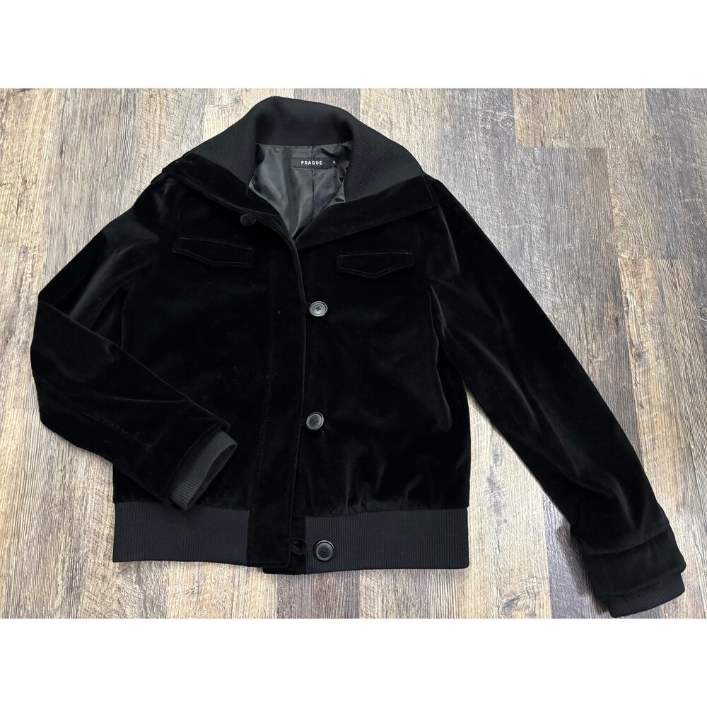 Prague Black Velvet Bomber Jacket Ribbed Knit Collar Button‎ Front XL